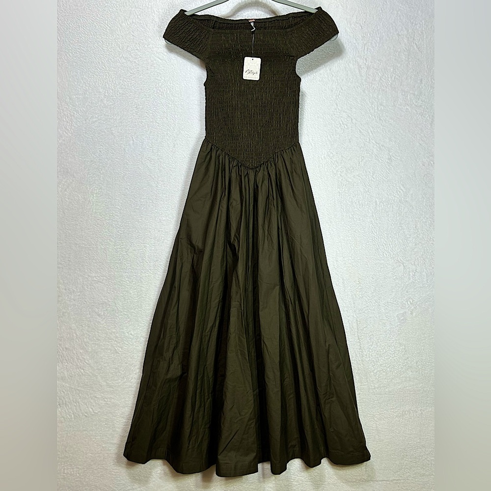 Free People Ceci Smoked Maxi Off the Shoulder Dress Elastic Corset Boho Size XS.